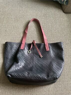 Woven Black Tote with Rose Pink Handles